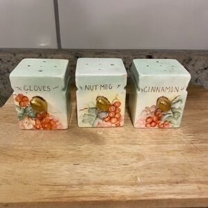 Vintage Ceramic Spice Jar Set - Mint Green Floral (Cloves, Nutmeg, Cinnamon)